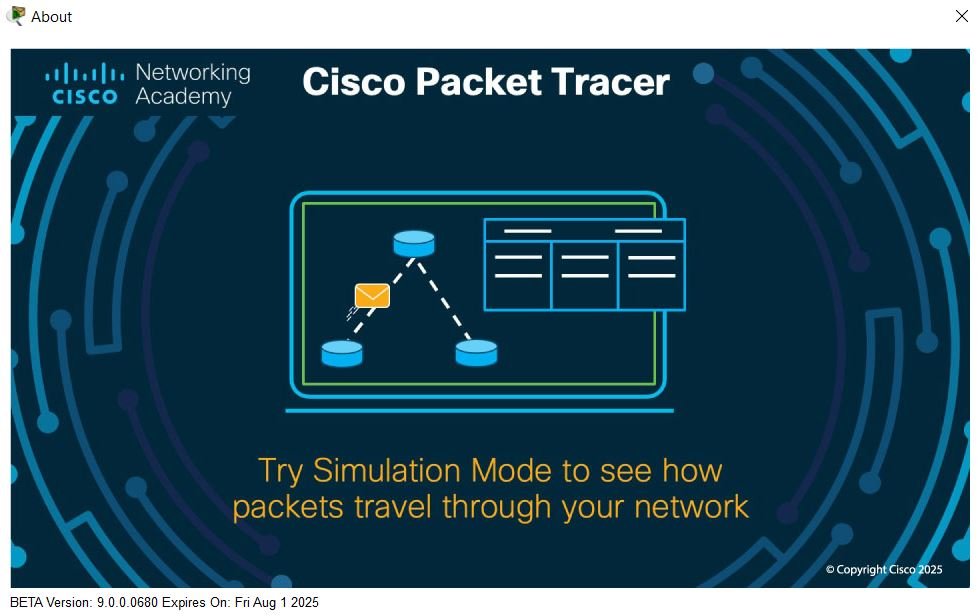 Cisco Packet Tracer 9.0 build 9.0.0.0680 splash screen
